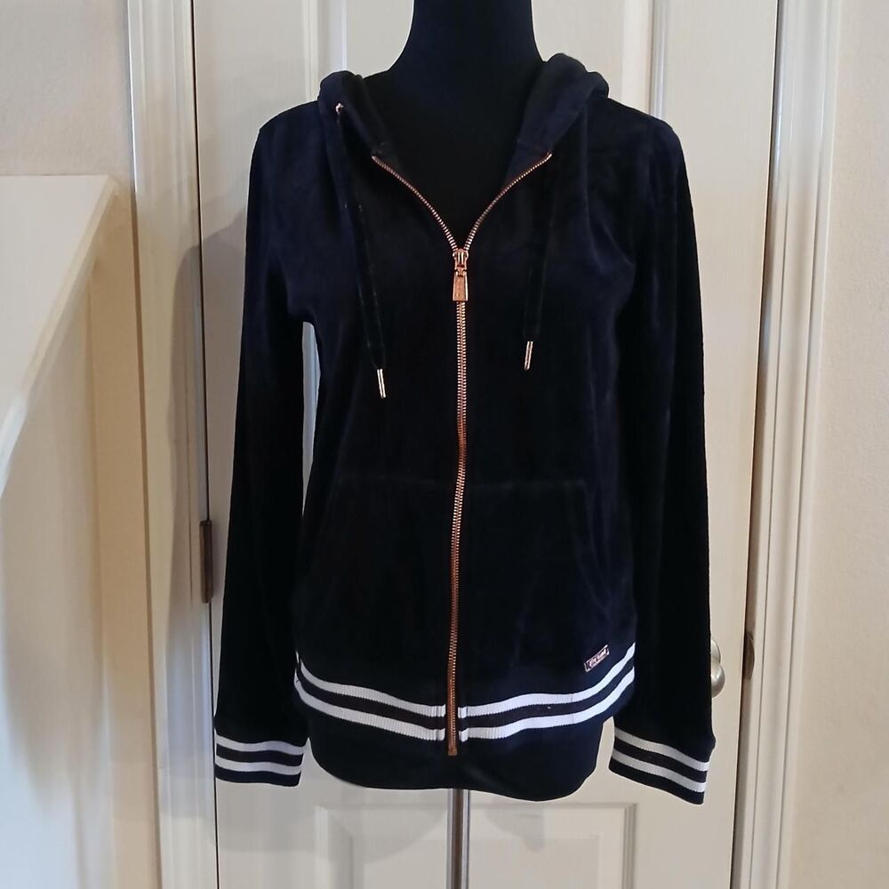 Betsey Johnson Black Velour Rose Gold Zip Hoodie Striped Ribbed Cuffs/Hem M Y2K